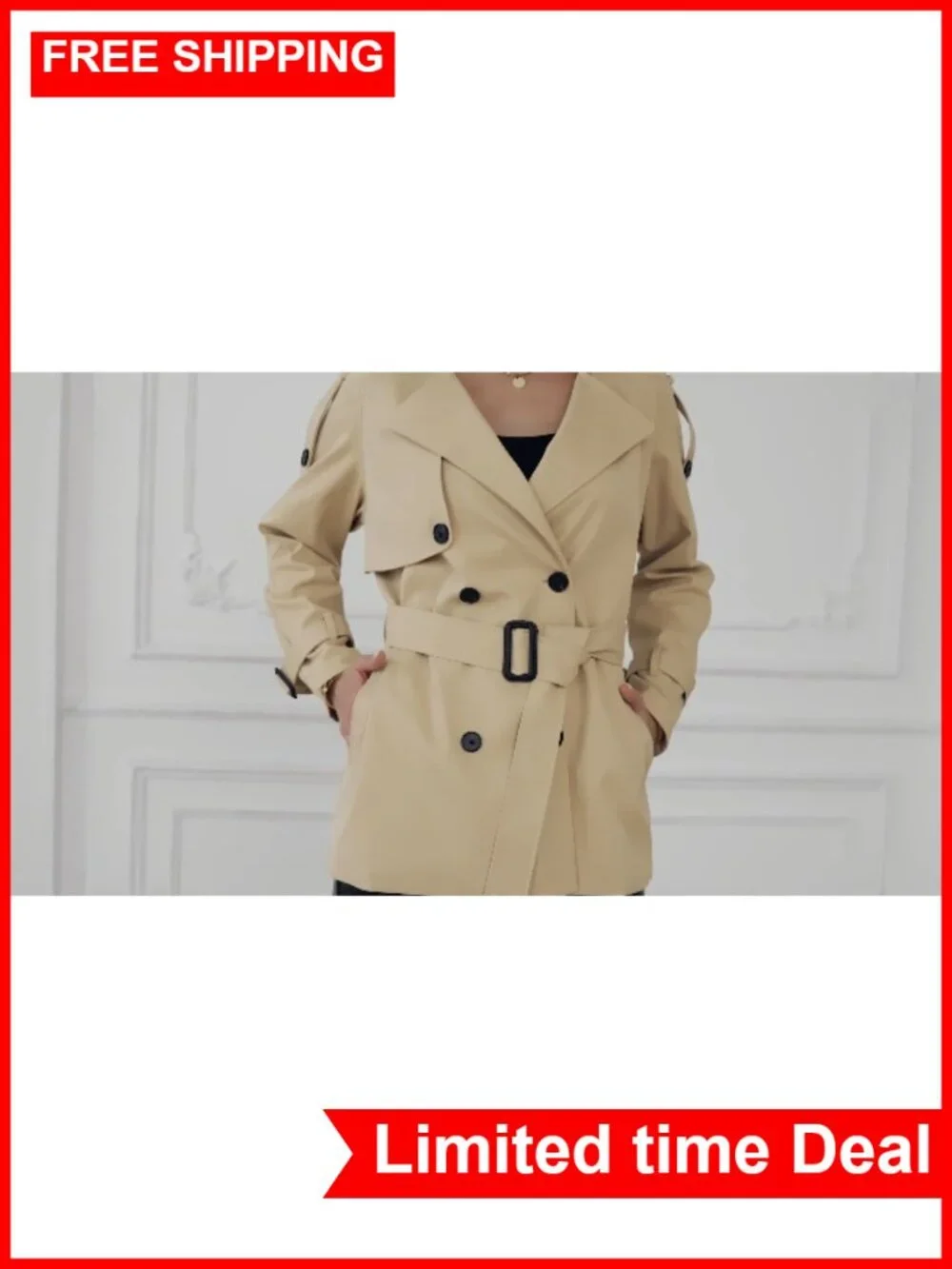 Water-Repellent Double Breasted Belted Short Trench Coat